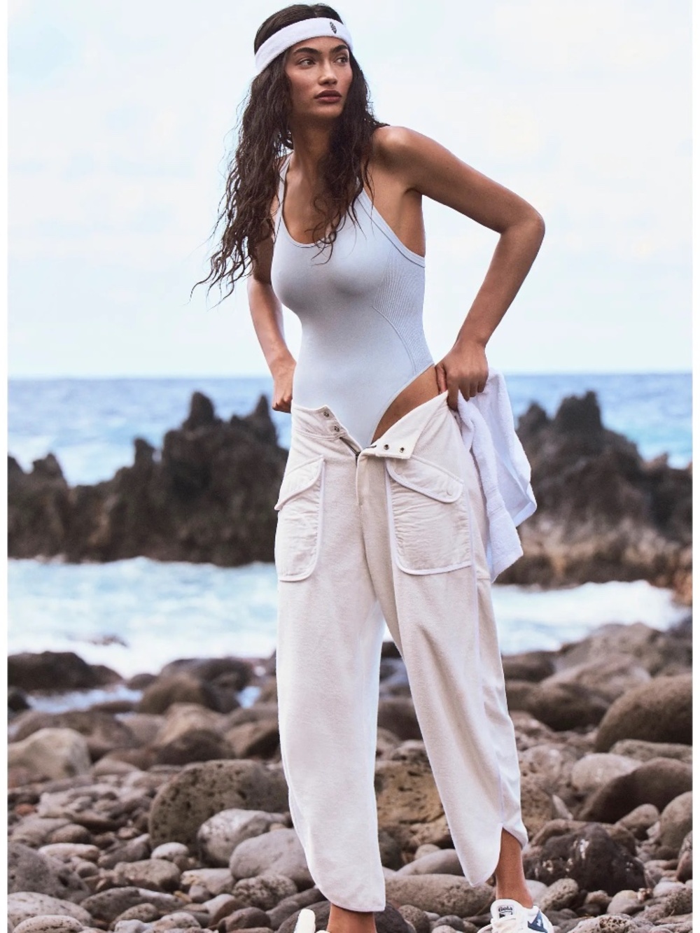 FP Movement Free People French Terry Cargo Crop Sweatpants Cream White Medium - Picture 8 of 8